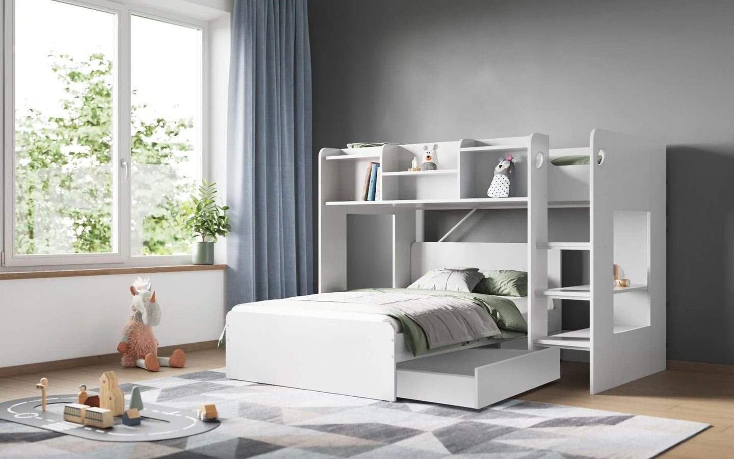 Wizard L Shaped Triple Bunk Bed with Shelves